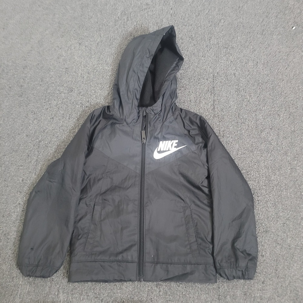 Nike Size 4 XS Windbreaker Jacket Unisex Kids Black Fleece Lined Hooded Full Zip